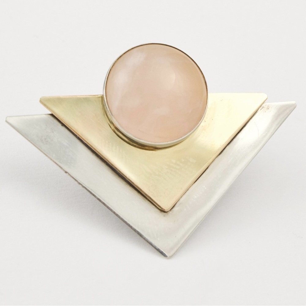 Vintage Rose Quartz Sterling Silver and Gold Filled Brooch Pin Artisan Modernist